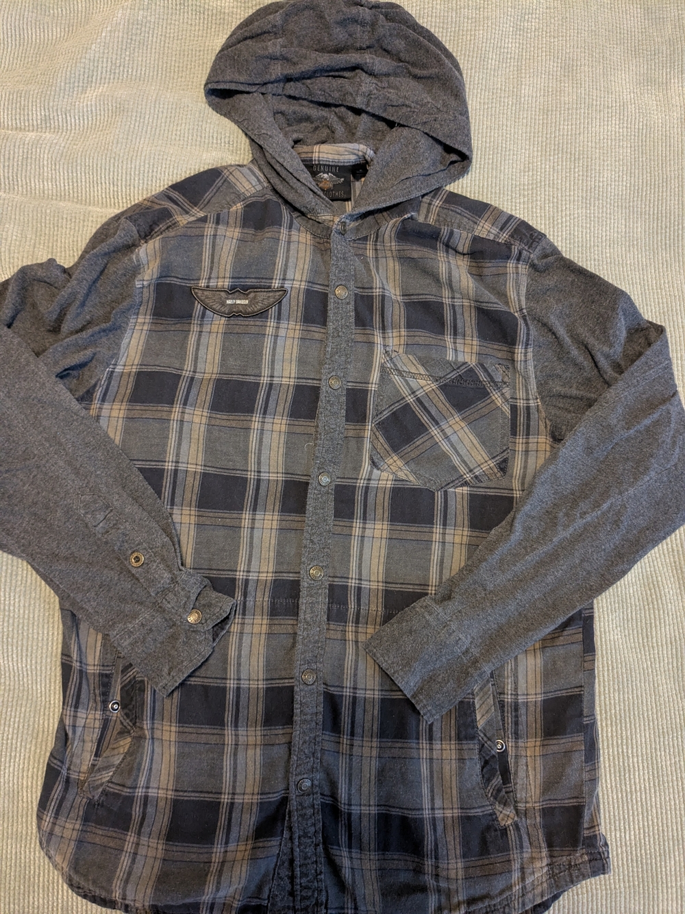 Harley Davidson Men's Hooded Plaid Shirt Jacket Gray Black Size Medium